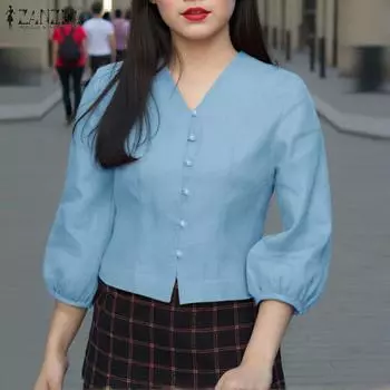 ZANZEA Women Casual V-Neck Loose Lantern 3/4 Sleeve Plain Blouse S белый