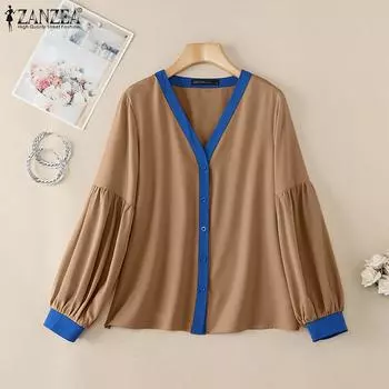 ZANZEA Женская повседневная блузка с V-образным вырезом и длинным рукавом S бежевый