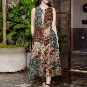 ZANZEA Women Casual V-Neck Loose Sleeveless Print Cotton Dress S