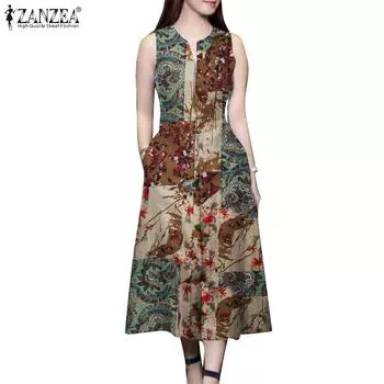 ZANZEA Women Casual V-Neck Loose Sleeveless Print Cotton Dress XL красный