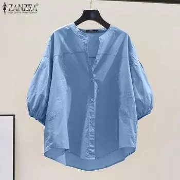 ZANZEA Женская повседневная летняя блузка с V-образным вырезом и рукавом 3/4 M синий