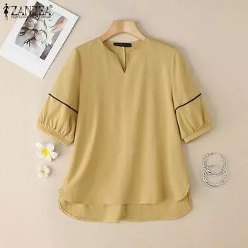 ZANZEA Women Casual V-Neck Loose Summer Half Sleeve Blouse S хаки