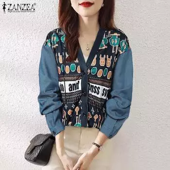 ZANZEA Women Casual V-Neck Patchwork Long Sleeve Print Blouse S хаки
