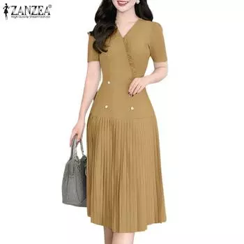 ZANZEA Women Casual V-Neck Short Sleeve Summer Pleated Hem Dress S зелёный