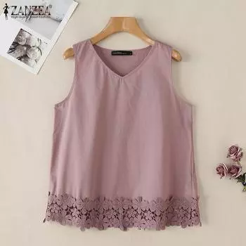 ZANZEA Women Casual V-Neck Sleeveless Lace Patchwork Summer Tank Tops S белый