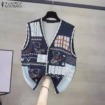 ZANZEA Women Casual V-Neck Sleeveless Loose Print Vest Tops S тёмно-синий