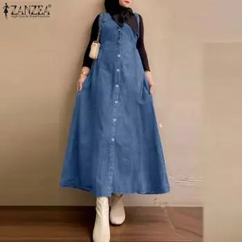 ZANZEA Women Casual V-Neck Sleeveless Muslim Long Dress S темно-синий