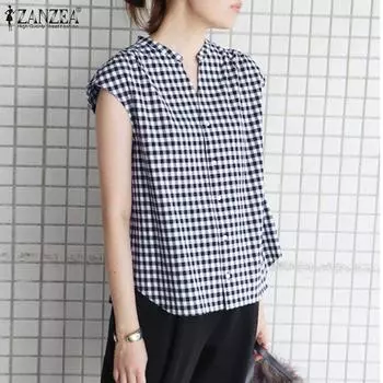 ZANZEA Женские повседневные майки с V-образным вырезом без рукавов с клетчатым принтом 3XL чёрный