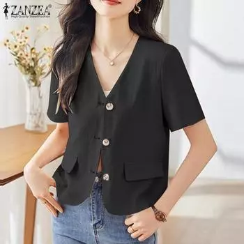 ZANZEA Женская повседневная однотонная блузка с V-образным вырезом и коротким рукавом 4XL чёрный