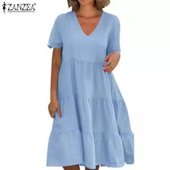 ZANZEA Women Casual V-Neck Solid Color Short Sleeve Dress