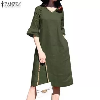 ZANZEA Women Casual V-neck Solid Color Summer Half Sleeve Dress