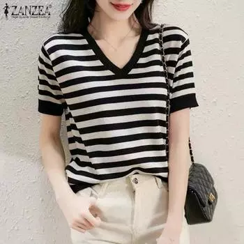 ZANZEA Женские повседневные футболки с V-образным вырезом и полосатым принтом с коротким рукавом 5XL жёлтый