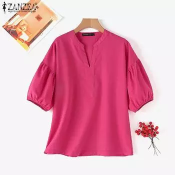 ZANZEA Женская повседневная летняя блузка с V-образным вырезом и рукавом 3/4 S темно-синий