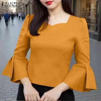 ZANZEA Women Casual V-Neck Summer 3/4 Sleeve Plain Blouse S зелёный