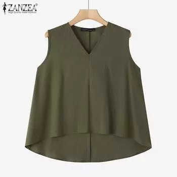 ZANZEA Women Casual V-Neck Summer Asymmetrical Hem Sleeveless Tank Tops XL зелёный