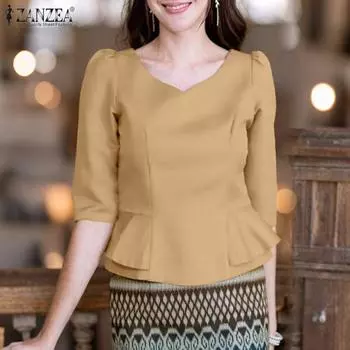 ZANZEA Women Casual V-Neck Summer Half Sleeve Ruffles Blouse S хаки