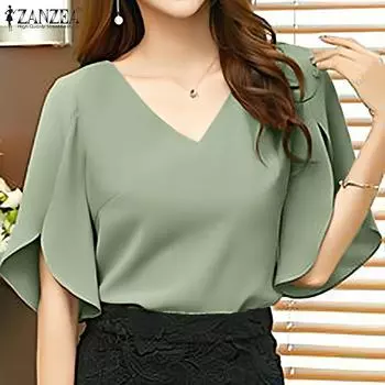 ZANZEA Women Casual V-Neck Summer Loose Half Sleeve Blouse S белый