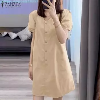 ZANZEA Women Casual V-Neck Summer Short Sleeve Dress 3XL хаки