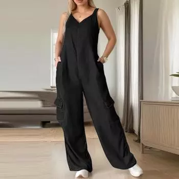 ZANZEA Women Casual V-Neck Summer Sleeveless Long Jumpsuits Overalls S чёрный