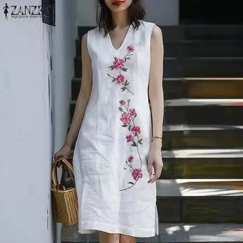 ZANZEA Women Casual V-neck Summer Sleeveless Floral Dress
