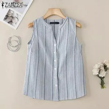 ZANZEA Женские повседневные летние майки без рукавов в полоску с V-образным вырезом S красный