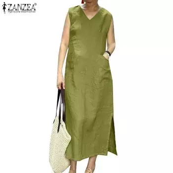 ZANZEA Women Casual V-neck Summer Sleeveless Tank Dress S зелёный