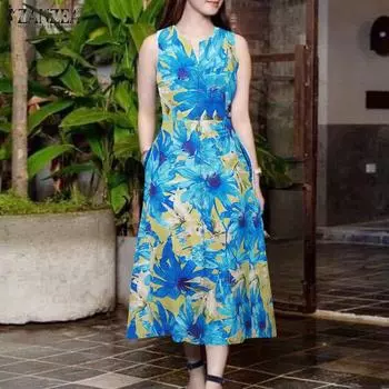 ZANZEA Women Casual V-Neck Summer Sleeveless Print Dress S темно-розовый