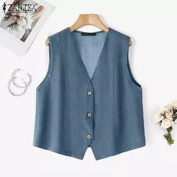 ZANZEA Women Casual V-Neck Summer Sleeveless Cardigan Vest Tops S чёрный