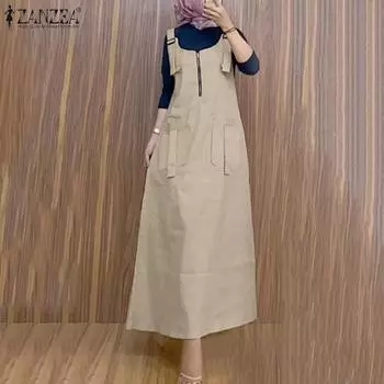 ZANZEA Women Casual Zipper U-Neck Loose Sleeveless Straps Dress S хаки