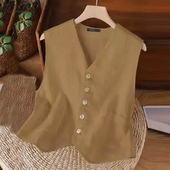 ZANZEA Women Cotton V-Neck Sleeveless Pocket Irregular Hem Vests S белый