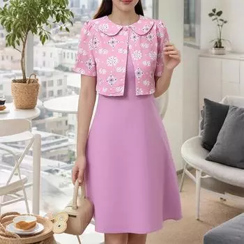 ZANZEA Women Doll Collar Short Sleeve Casual Floral Patchwork Dress S розовый
