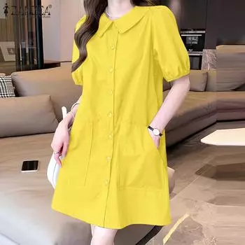 ZANZEA Женское сплошное свободное летнее платье с коротким рукавом и воротником-стойкой S
