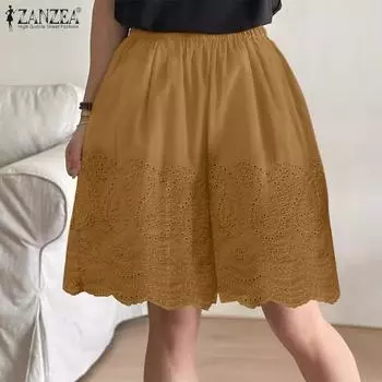ZANZEA Женские свободные повседневные кружевные шорты с эластичной талией S коричневый