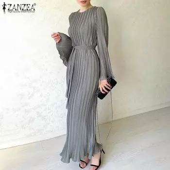 ZANZEA Women Elegant Round Neck Flared Long Sleeve Pleated Dresses S темно-розовый