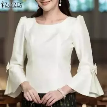 ZANZEA Women Elegant Square Neck Bubble 3/4 Sleeve Waist Blouses S белый