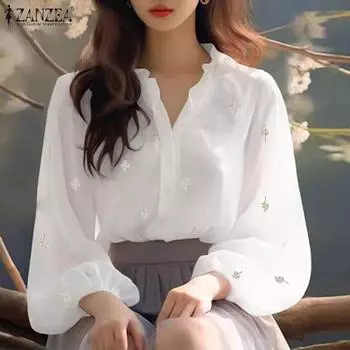 ZANZEA Женские элегантные рубашки с V-образным вырезом и длинным рукавом с цветочным принтом S белый