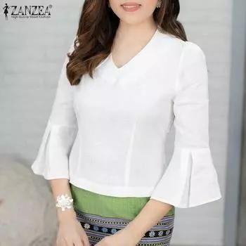 ZANZEA Женские элегантные блузки с V-образным вырезом и рукавами-фонариками 3/4 с оборками S белый