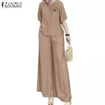 ZANZEA Women Embroidery Blouse and Pants Casual Retro Two Piece Sets S зелёный