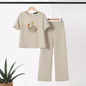 ZANZEA Женский летний комплект из двух частей: блузка с вышивкой и брюки 5XL розовый