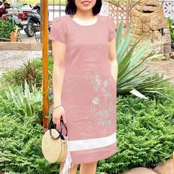 ZANZEA Women Embroidery Print Casual Round Neck Short Sleeve Dress XL