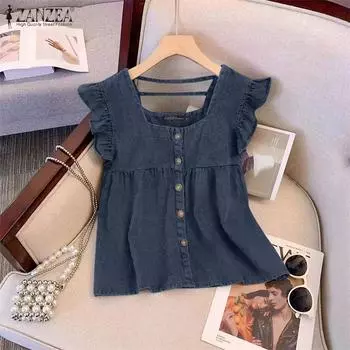 ZANZEA Женская мода с вырезом «лодочка» и рюшами на рукавах, однотонные свободные майки трапециевидной формы S чёрный