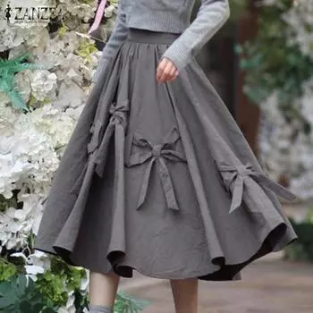 ZANZEA Women Fashion Elastic Waist Tie A-Line Skirts 2XL серый