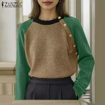 ZANZEA Женская мода круглый вырез длинный рукав контрастный цвет пуловер свитера S бежевый