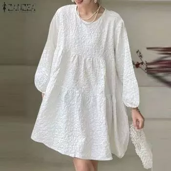 ZANZEA Женская мода с круглым вырезом и длинными рукавами платья M белый