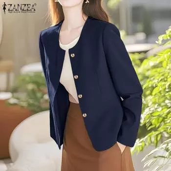 ZANZEA Women Fashion Round Neck Long Sleeve Solid Color Blazer S хаки
