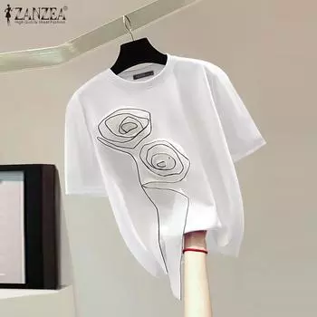 ZANZEA Женская модная футболка с круглым вырезом и коротким рукавом с объемным цветочным принтом S чёрный