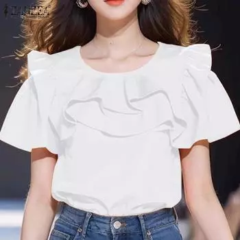 ZANZEA Women Fashion Ruffled Layered Round Neck Short Sleeve Blouse