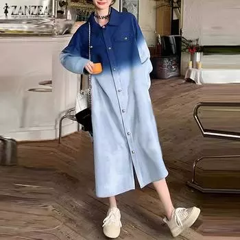 ZANZEA Women Fashion Shirt Collar Long Sleeve Gradient Dresses M синий