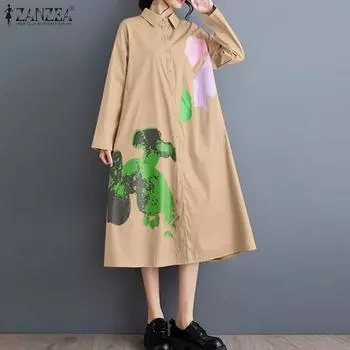 ZANZEA Женская мода рубашка воротник длинный рукав принтованное платье S чёрный