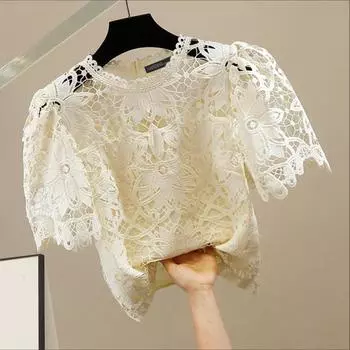 ZANZEA Women Hollow Out Lace Crochet Casual Round Neck Short Sleeve Blouse S